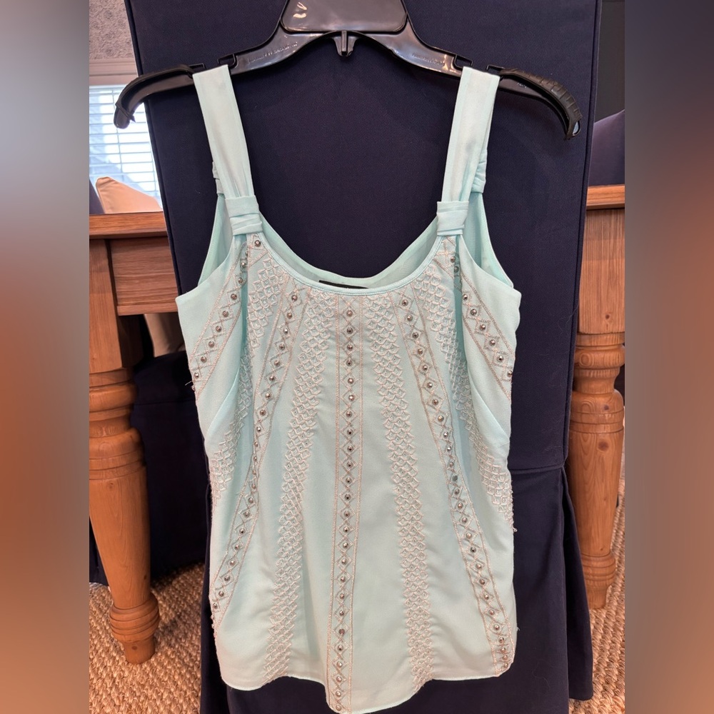 White House Black Market Green Embellished Ruched Tank Top
